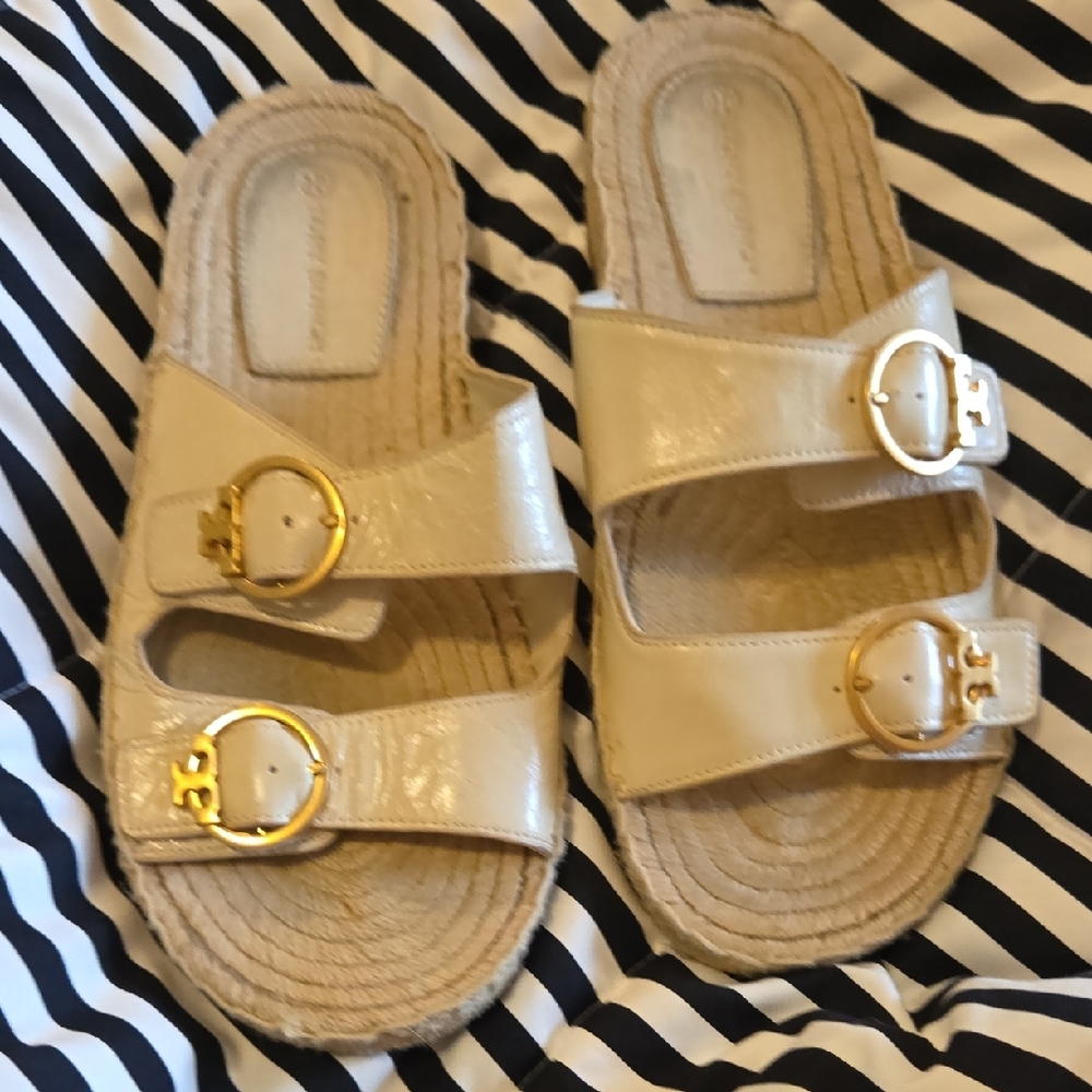 Tory Burch Cream and Gold Sandals with Decorative Straps
